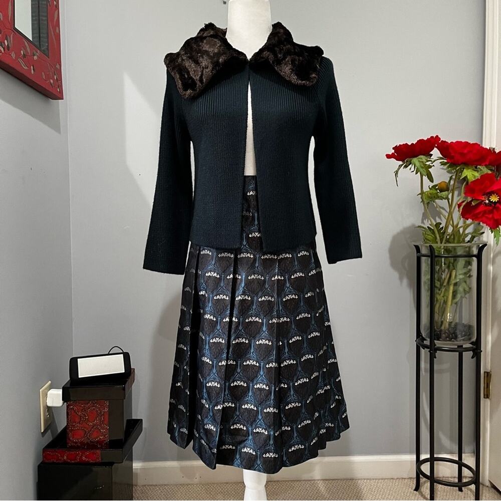 NEW Nine West Silk Vintage Peacock Pleated A-line Longline Midi Skirt 4 NWOT